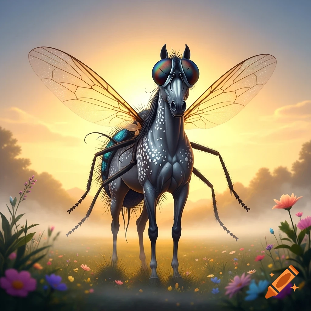 A fantastical horse-fly hybrid creature with large compound eyes, insect wings, and legs, standing in a field of colorful flowers at sunset.