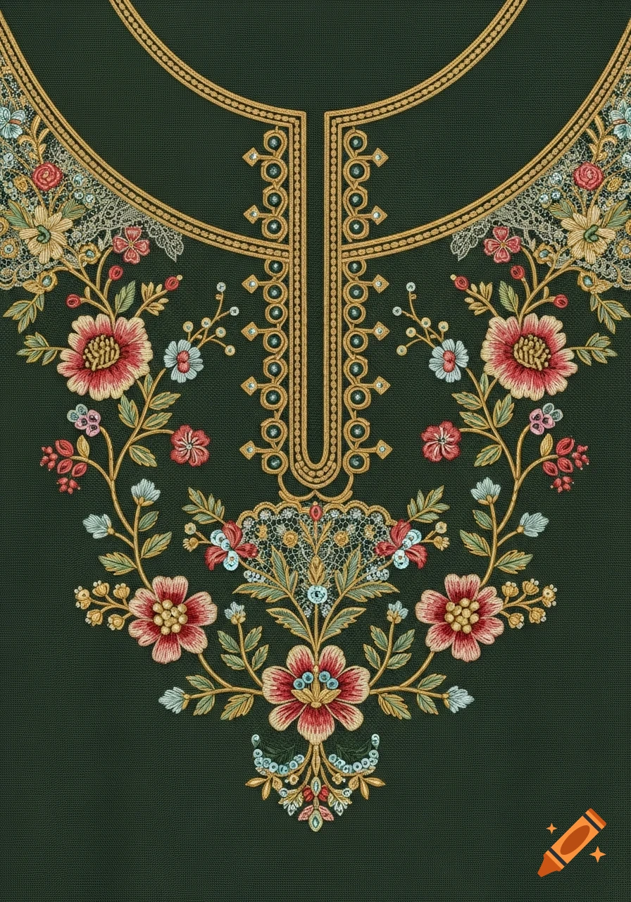 Close-up of elegant floral embroidery in Danish folk art style with red, blue, and gold flowers, beads, sequins, and lace on dark green fabric.