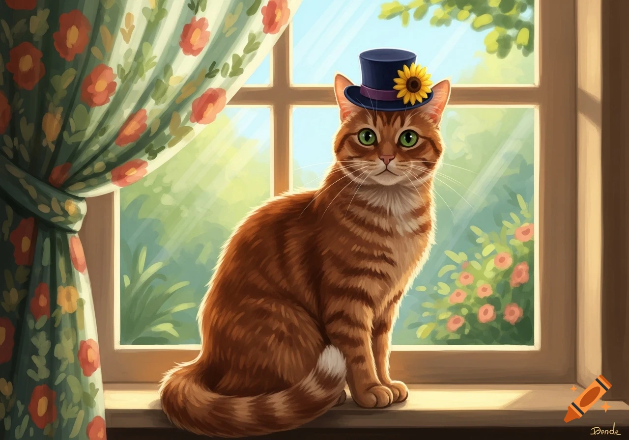 An orange tabby cat with green eyes wears a blue top hat with a sunflower, sitting on a sunny window sill next to a floral curtain.