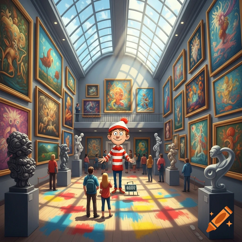 A stylized image of Waldo standing large in the center of a spacious art museum filled with colorful, abstract paintings and sculptures.