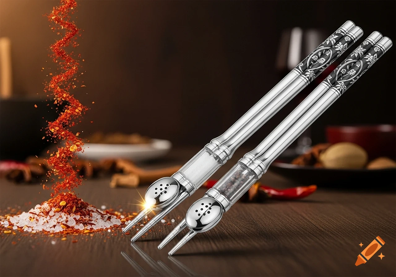 Two elegant silver chopsticks with built-in salt and pepper shakers, next to salt and chili flakes on a dark wooden table.