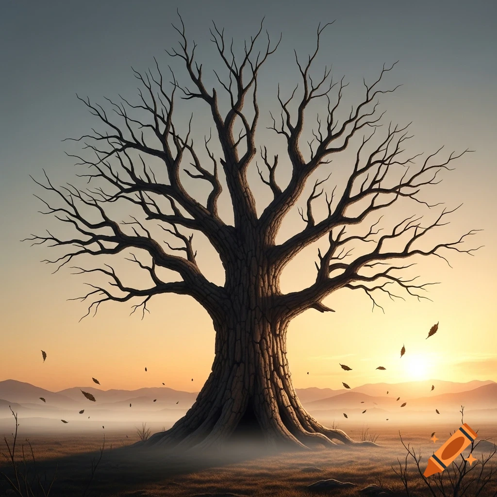 An old, gnarled bare tree stands silhouetted against a vibrant orange and yellow sunset with misty mountains in the background and falling leaves.