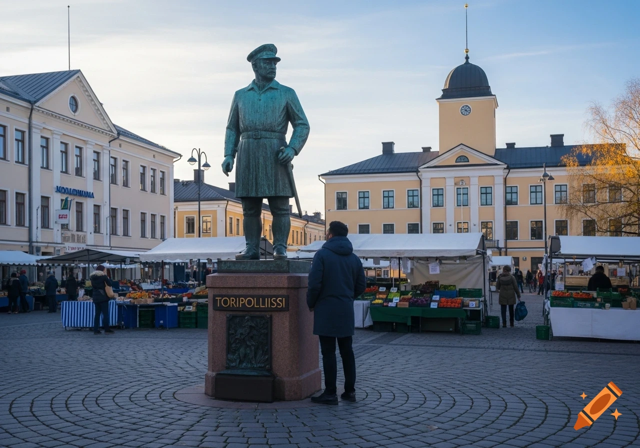 A bronze statue of a man in uniform stands in a cobblestone city square with market stalls, people, and historic buildings under a bright sky.