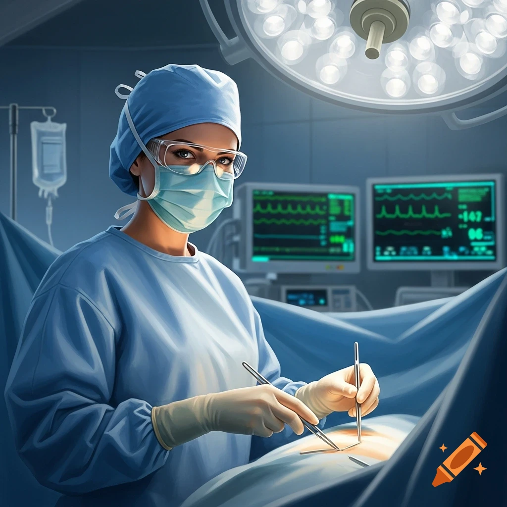 A female surgeon in blue scrubs, mask, and goggles performs surgery with tools in a sterile operating room.