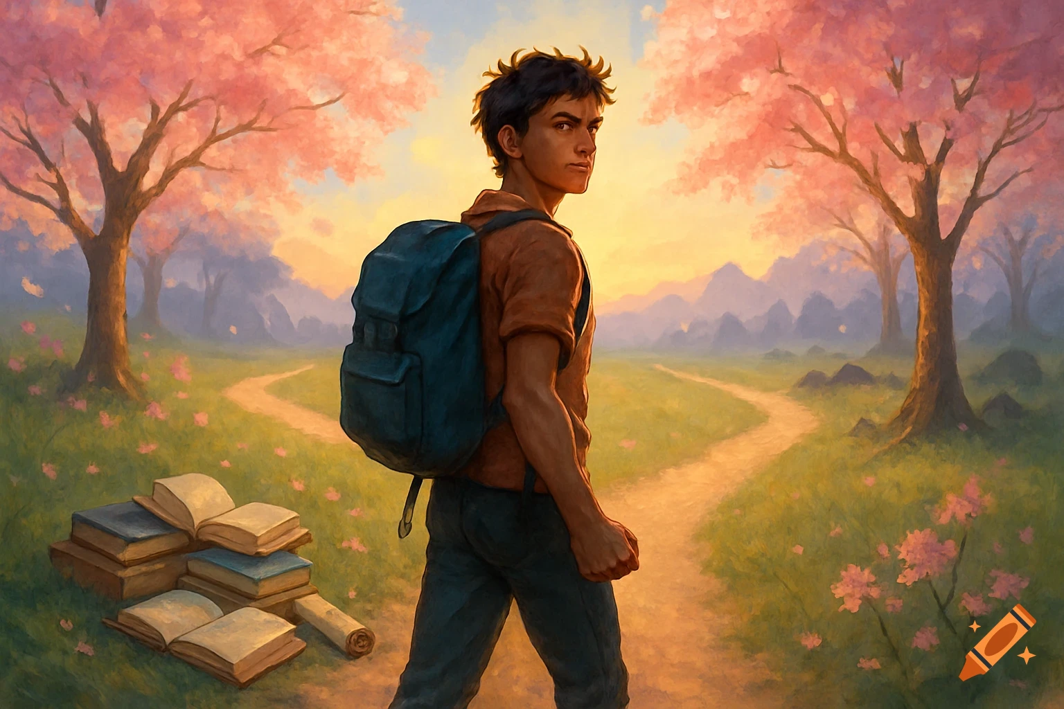 A person with a backpack stands on a path splitting in a vibrant, painterly landscape with cherry blossom trees and books on the ground, looking back.