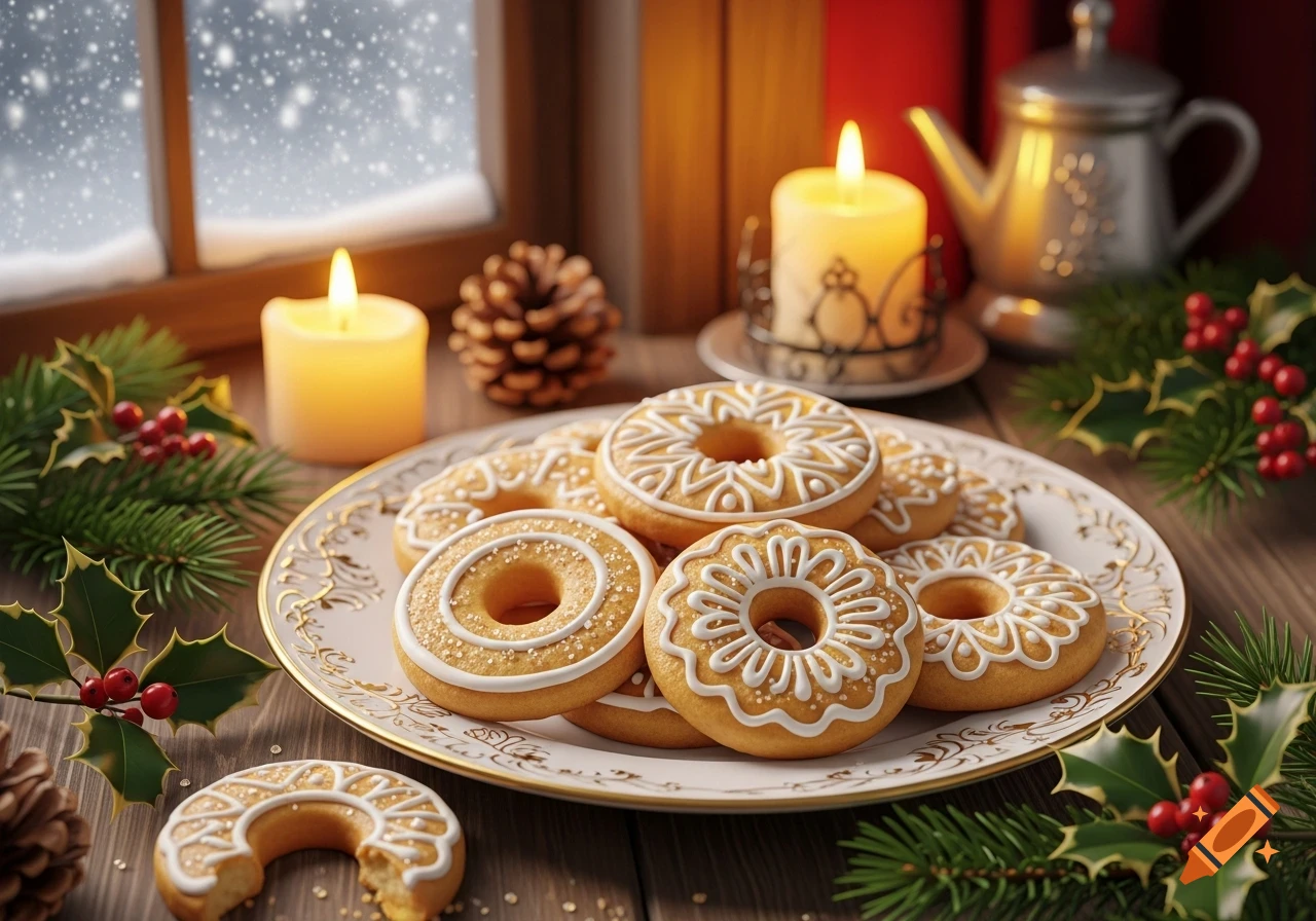 Decorated Christmas cookies on a plate, with lit candles, holly, pinecones, and a snowy window in a festive setting.