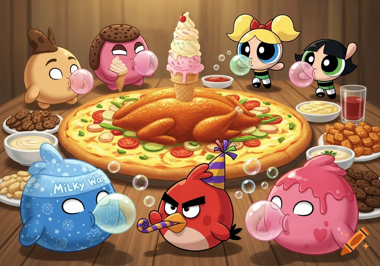 Cartoon characters, including Powerpuff Girls and Angry Birds, blow bubbles around a large pizza topped with a roasted chicken, ice cream, and other dishes.
