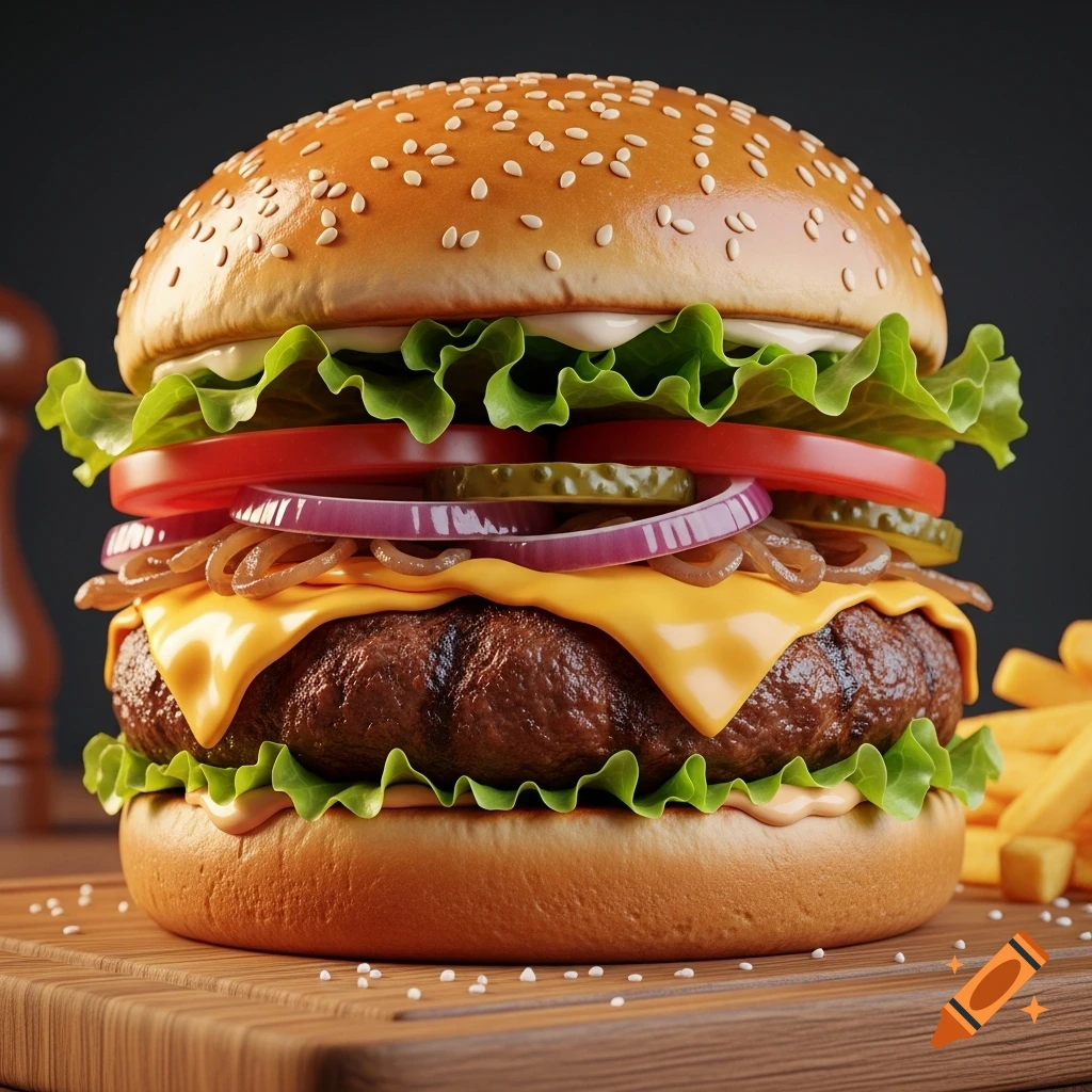A close-up photorealistic hamburger on a wooden board with a thick patty, melted cheese, red onion, pickles, tomato, lettuce, and sesame seed bun.