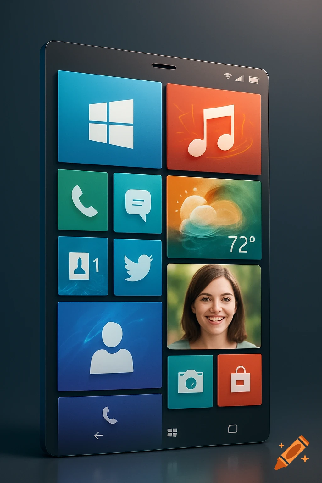 A smartphone displays a Windows Phone-style interface with various app tiles, including a weather tile showing 72 degrees and a portrait of a smiling woman.