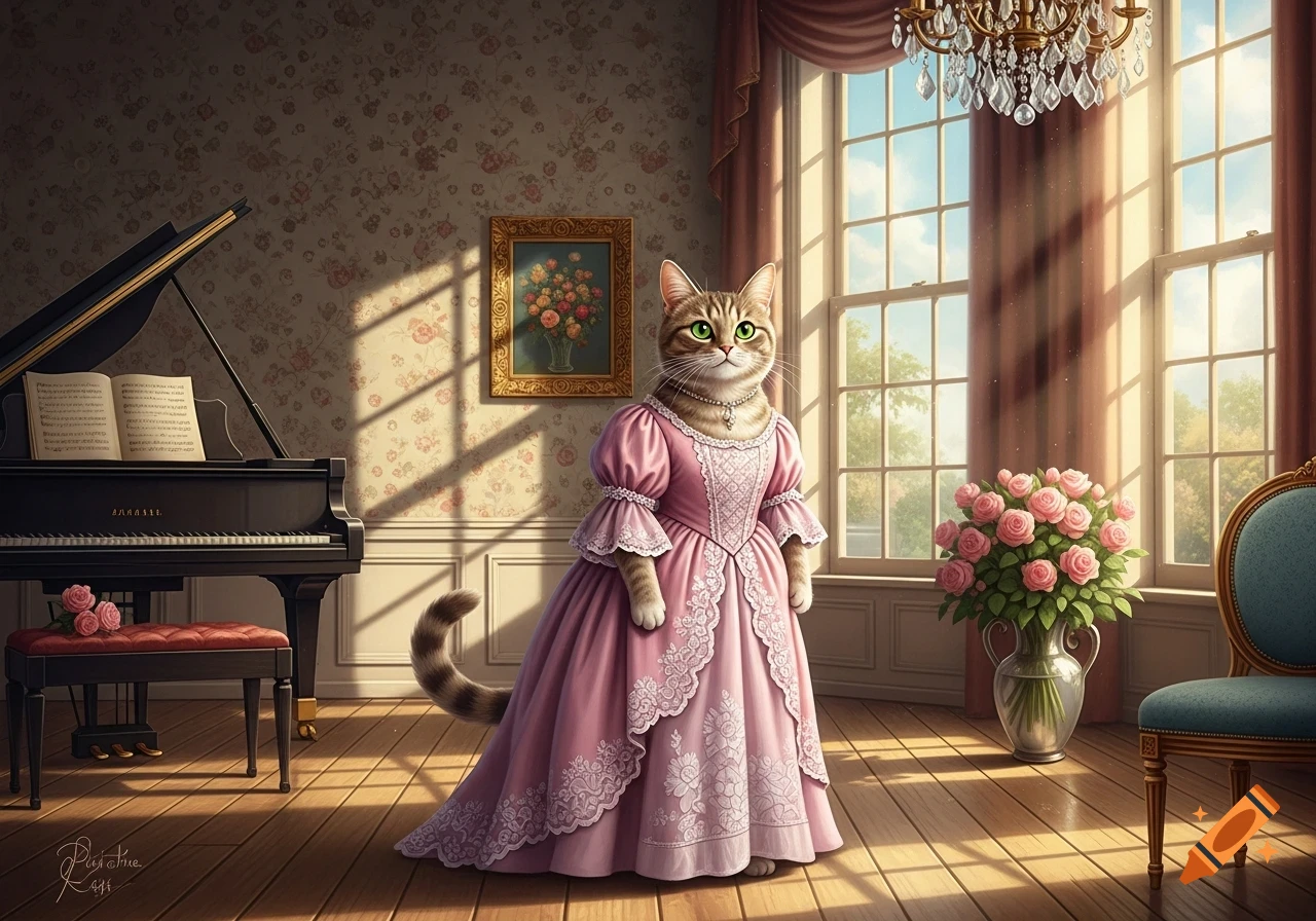 A regal anthropomorphic cat in a pink Victorian dress stands in a grand room with a piano and large windows.