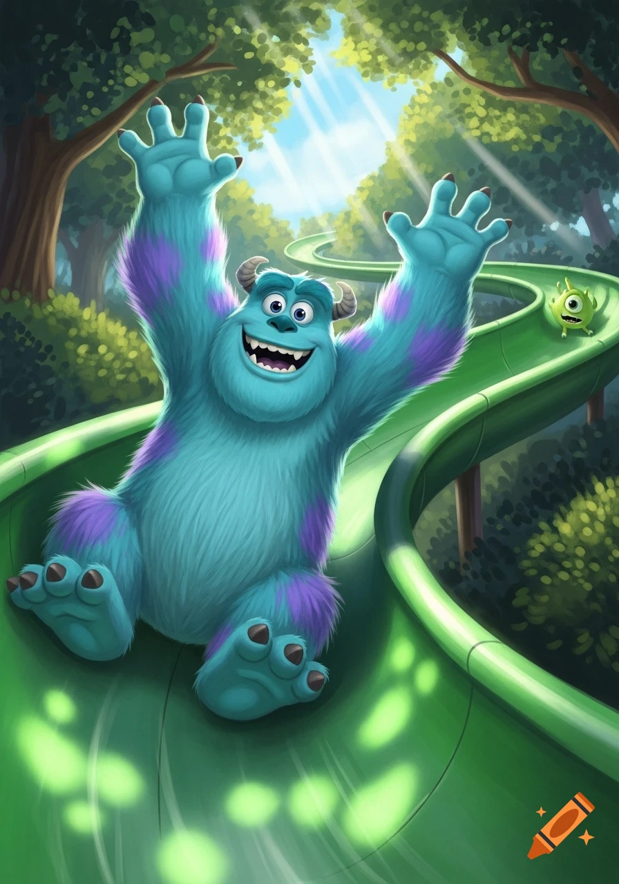Sully the blue monster slides down a green slide in a forest with Mike Wazowski behind him, a joyful cartoon illustration.