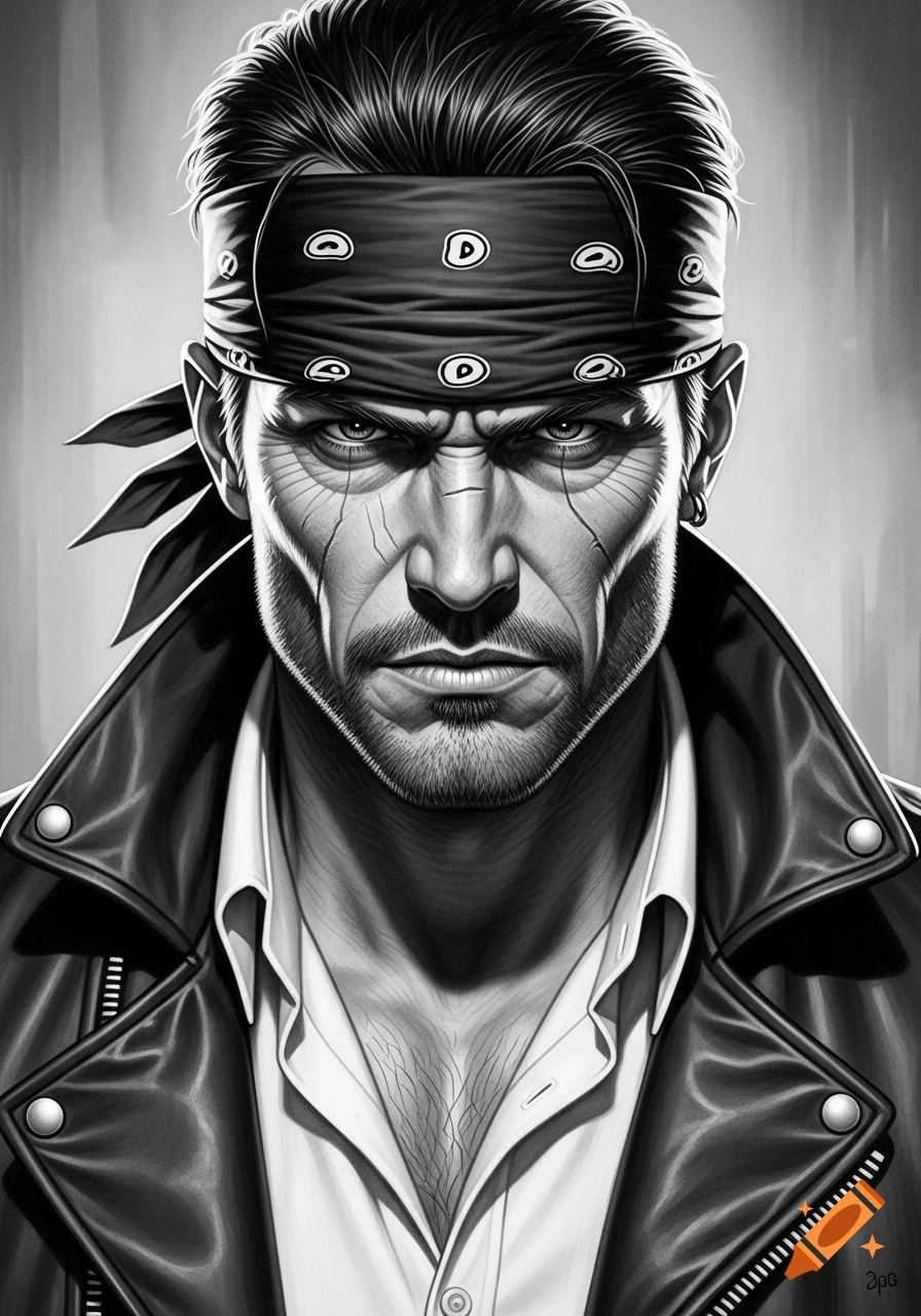 A detailed black and white illustration of a stern man wearing a bandana and a leather jacket, looking directly forward.