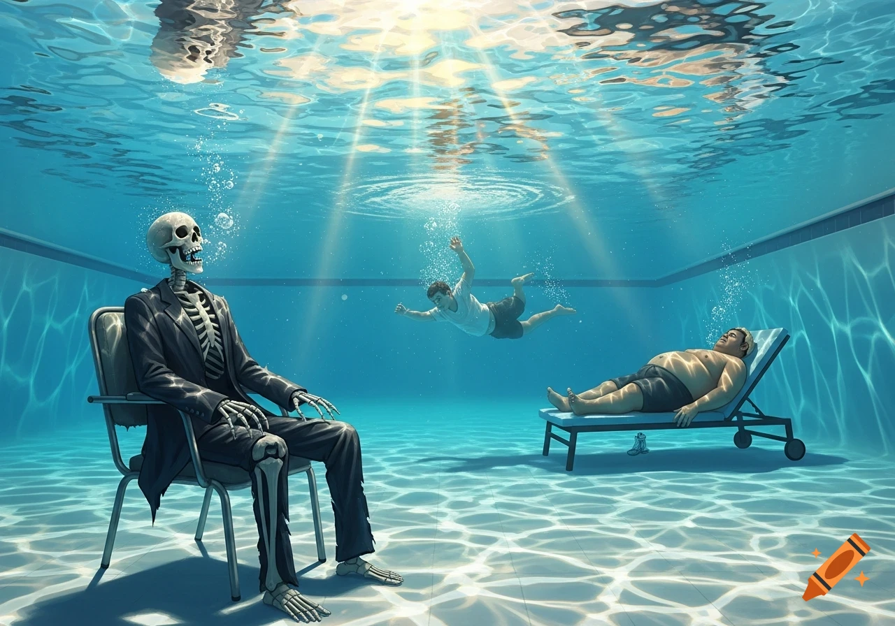 An underwater scene in a swimming pool showing a skeleton in a suit on a chair, a man on a sun lounger, and another man swimming.