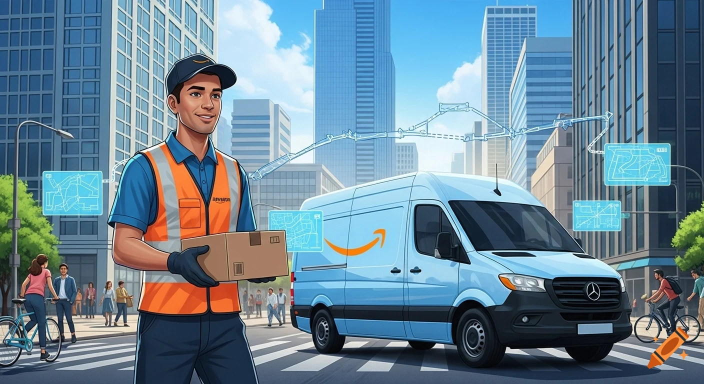 An Amazon delivery driver holds a package next to a blue Amazon van on a city street, with digital map overlays.