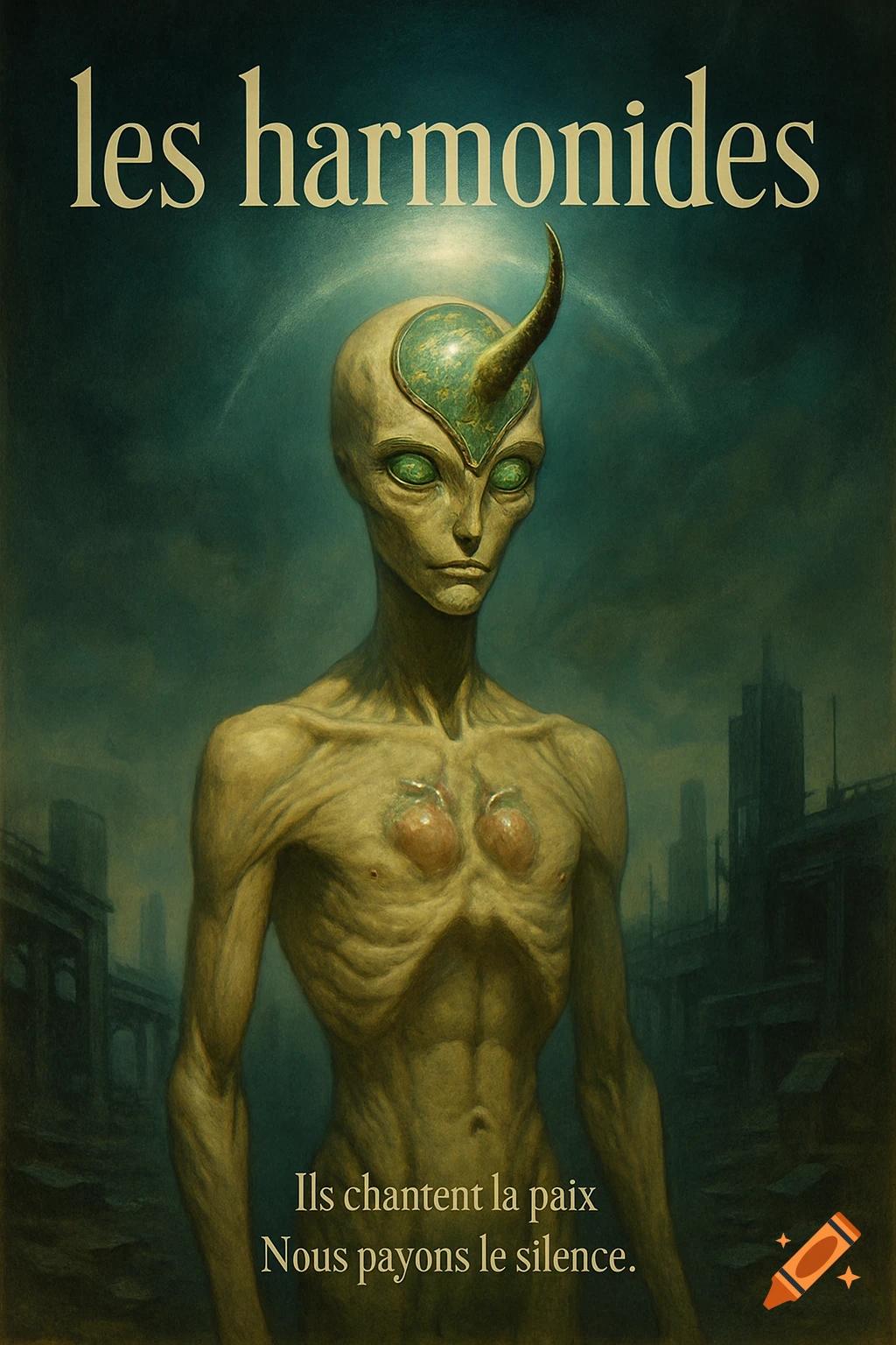 An unsettling, slender alien with green eyes and a horn on its head stands in a desolate city, with text 'les harmonides'.