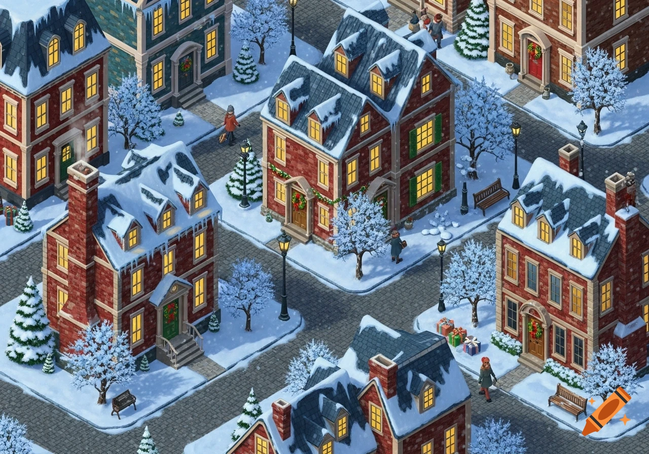 Isometric illustration of a festive snowy town with red brick houses, decorated trees, and small figures on cobblestone streets.