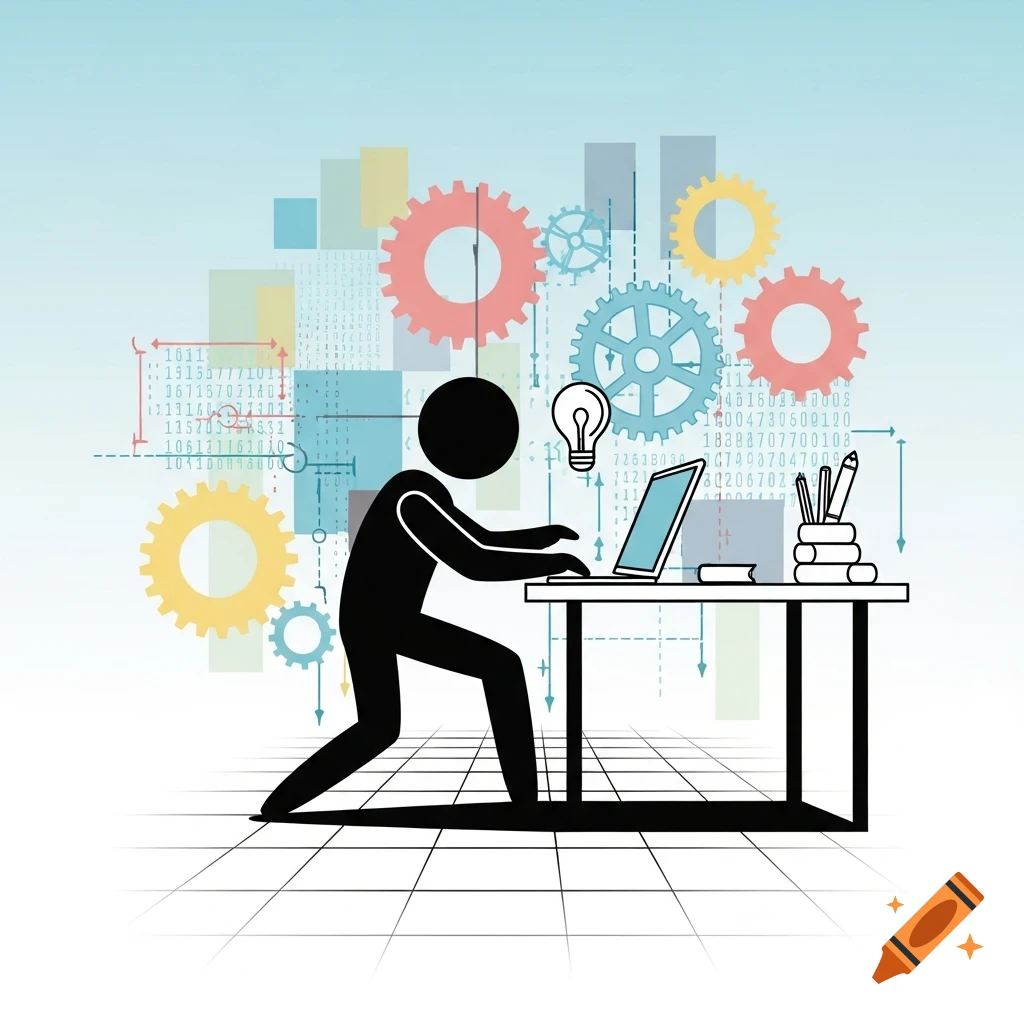 A stick figure sits at a desk, typing on a laptop, surrounded by gears, data, and a lightbulb in a blue and white illustration.