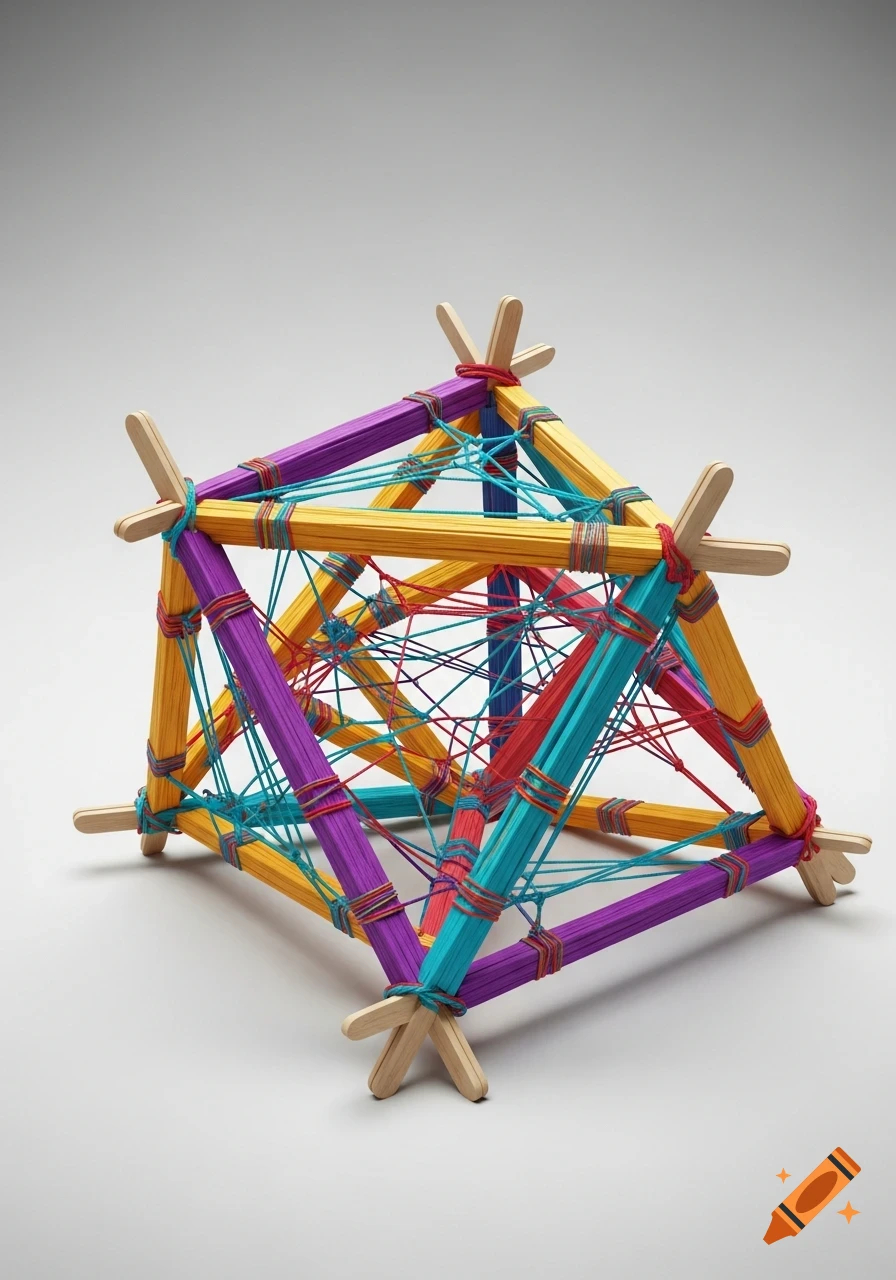 A colorful geometric sculpture made of popsicle sticks and yarn on a white background.
