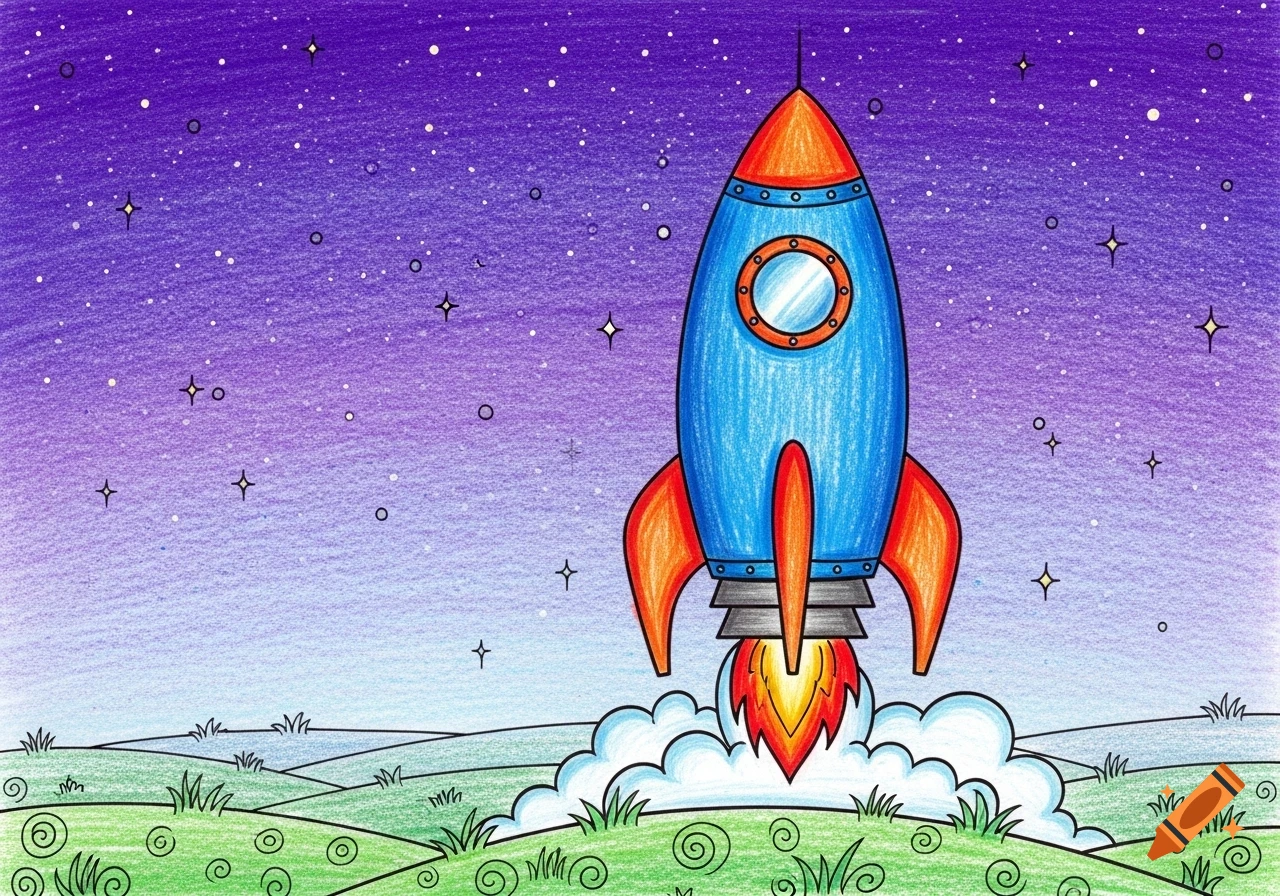 A blue and orange crayon-drawn rocket launches from a green landscape under a starry purple sky.