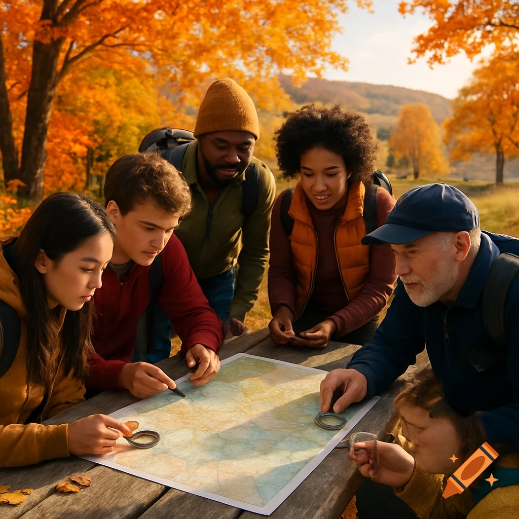 A diverse group of people, including adults and a child, gather around a wooden table in an autumn forest, studying a map and holding compasses.