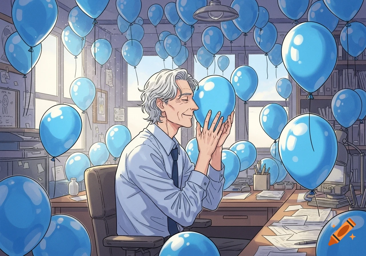 Illustration of a smiling older man with white hair hugging a blue balloon in an office filled with blue balloons.