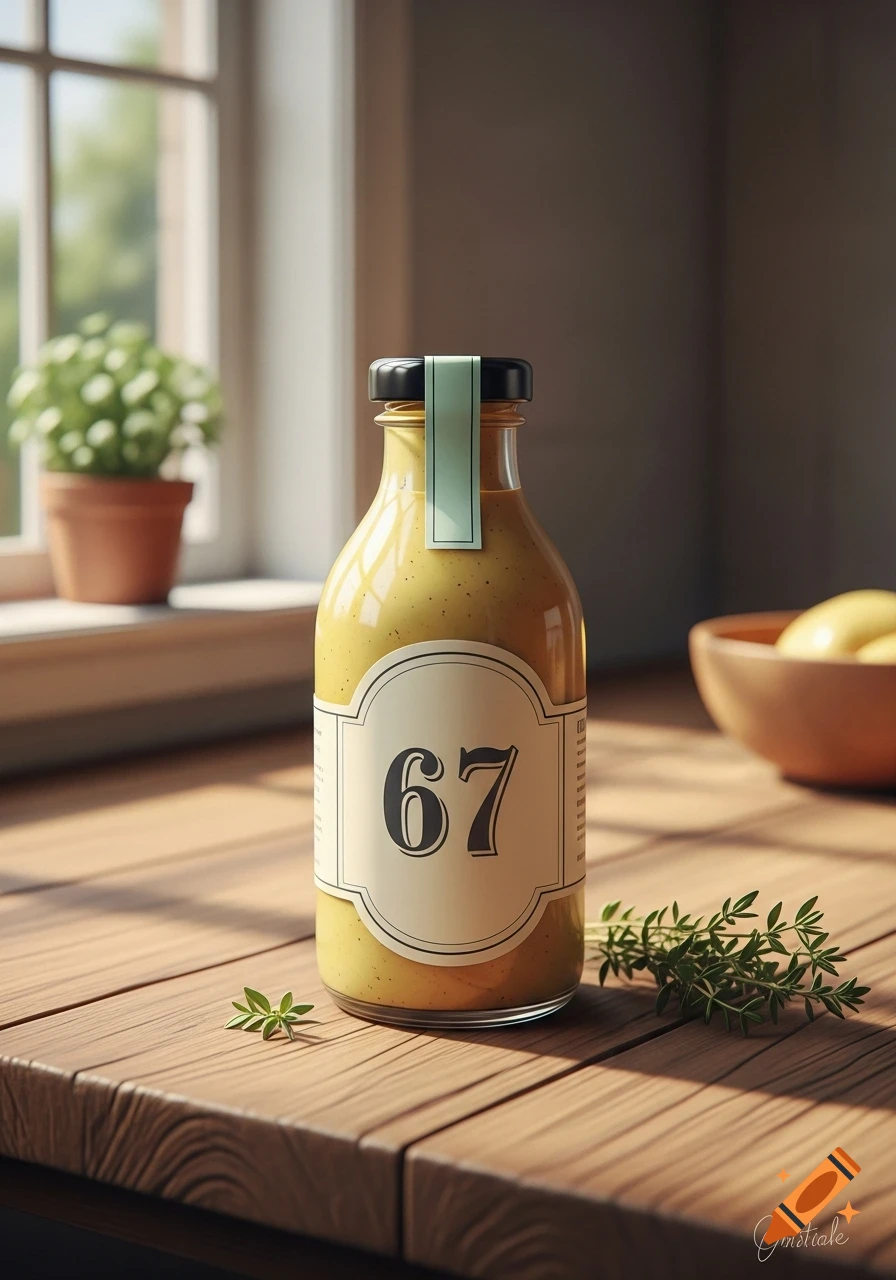 A photorealistic image of a bottle of mustard with "67" on its label, placed on a wooden table beside herbs, with a window in the background.