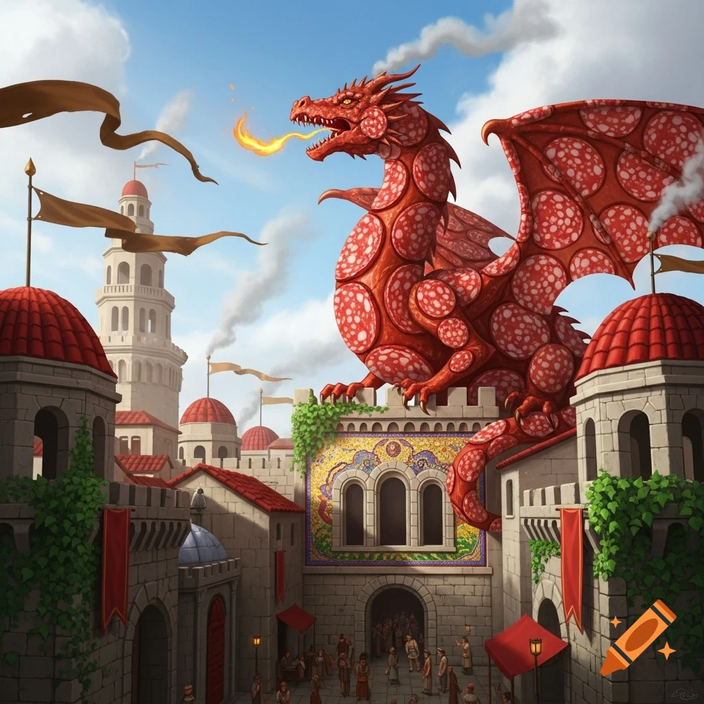 A large red dragon made of salami breathes a small flame while perched on a wall in a detailed ancient city with domed buildings under a blue sky.