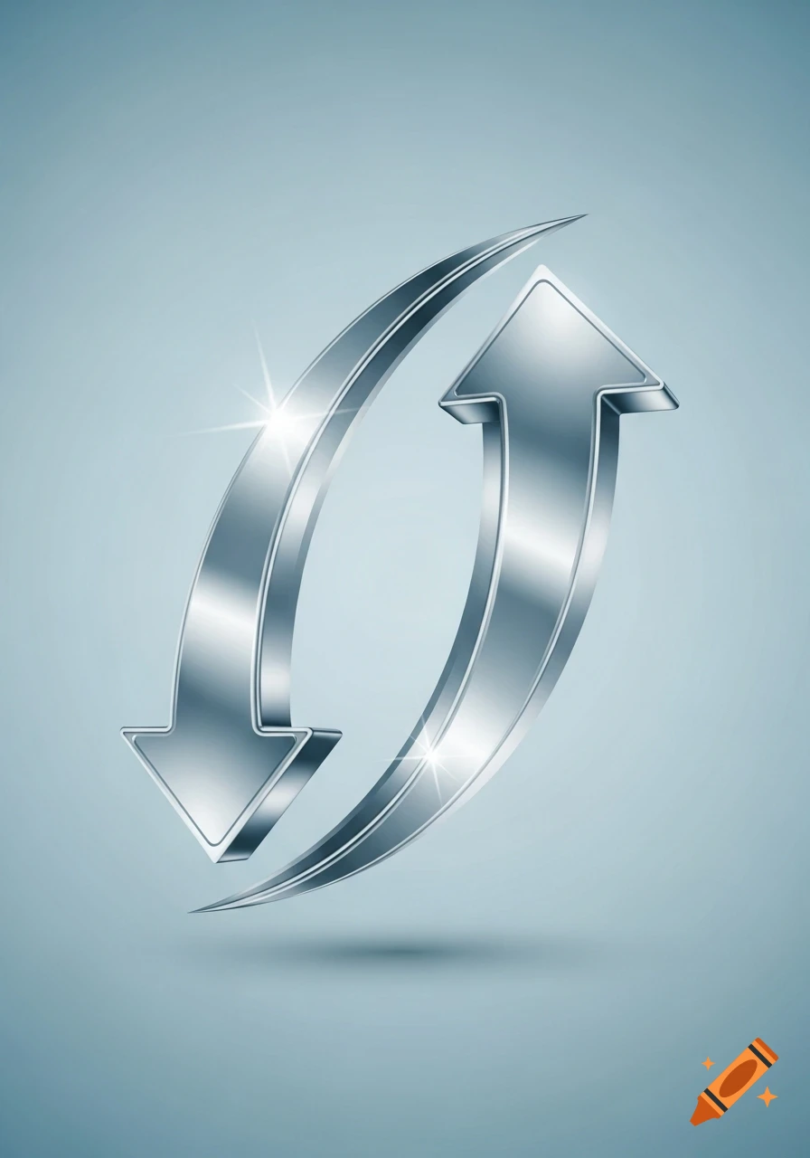 Two shiny chrome arrows forming a loop, one pointing down and the other up, against a light blue background.