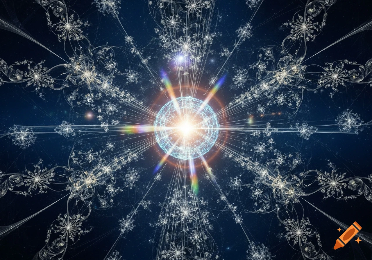 A bright, glowing orb in the center emits rays and is surrounded by intricate, symmetrical white fractal patterns against a dark blue cosmic background with faint stars.