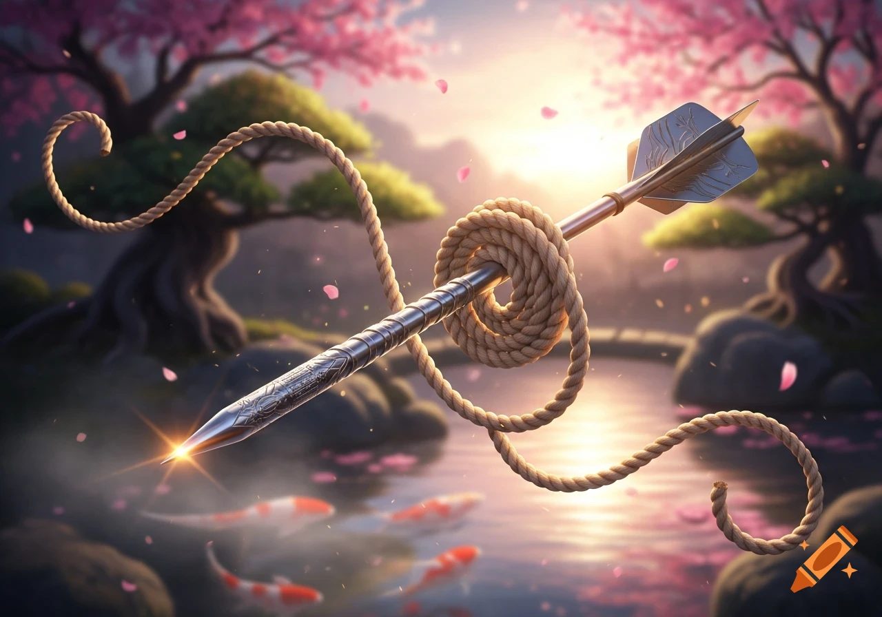 An ornate rope dart with a coiled rope floats over a serene pond with koi fish and pink cherry blossom trees at sunset.