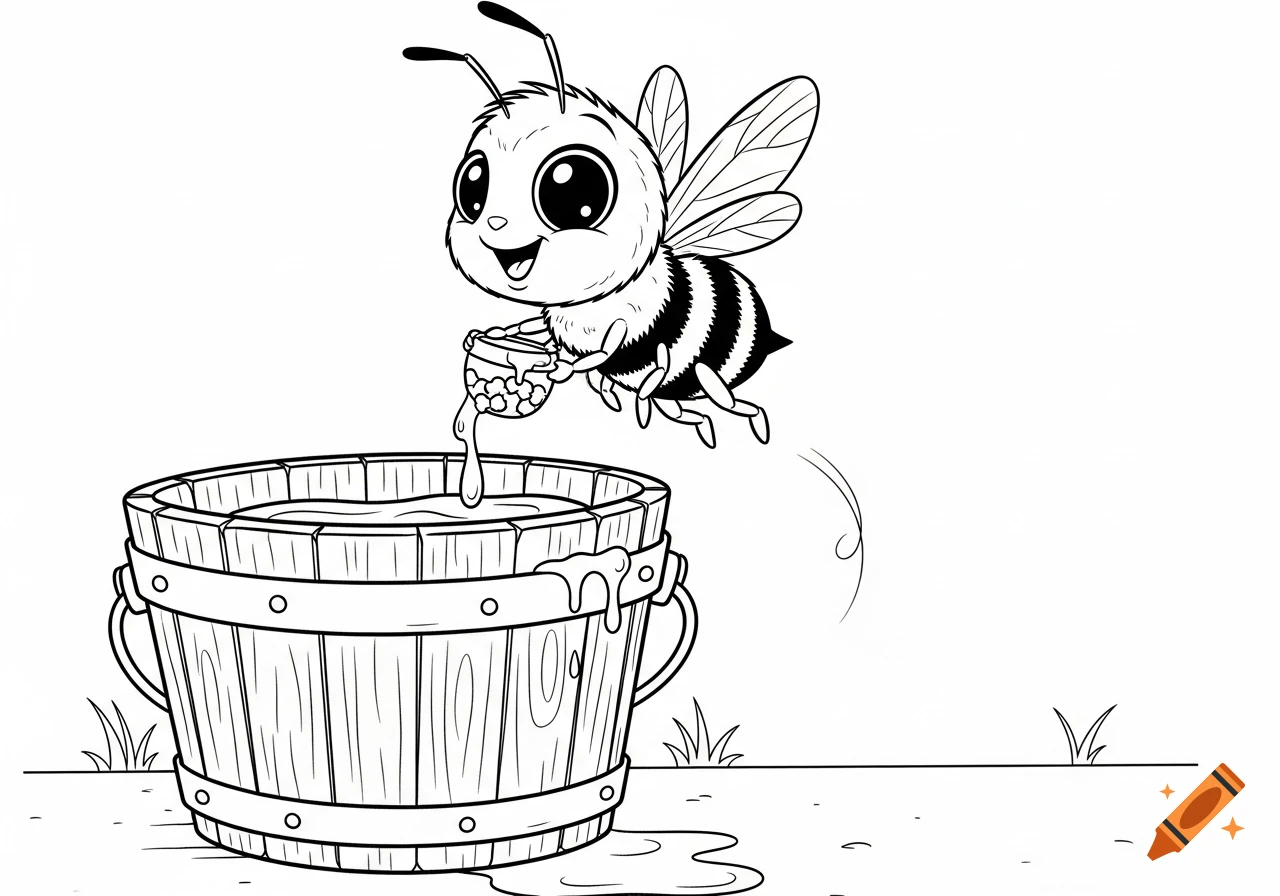 A line drawing of a happy, adorable cartoon bee flying while pouring honey from a small pot into a large wooden bucket on the ground.