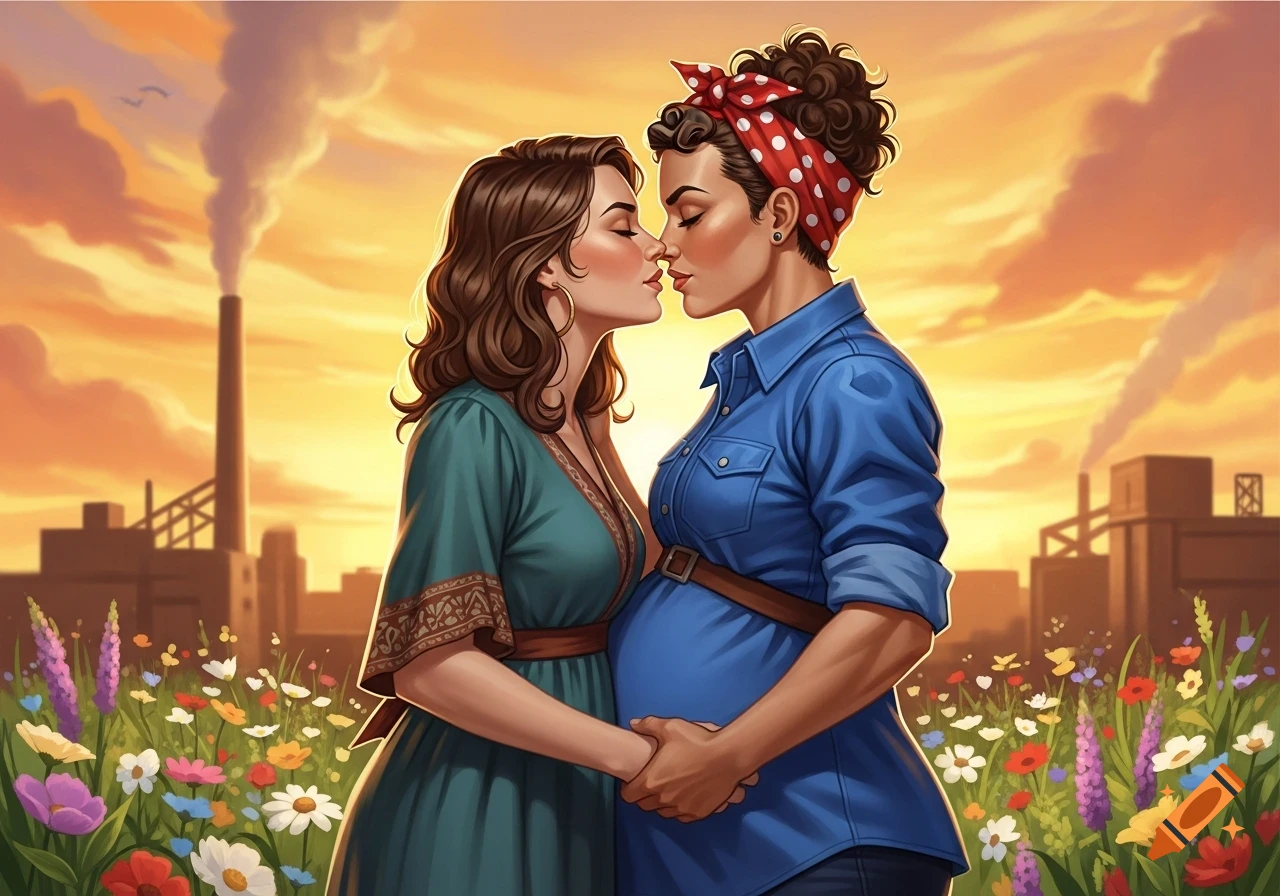 Two women, one pregnant, kiss in a field of wildflowers at sunset with factories in the background. One wears a Rosie the Riveter bandana.
