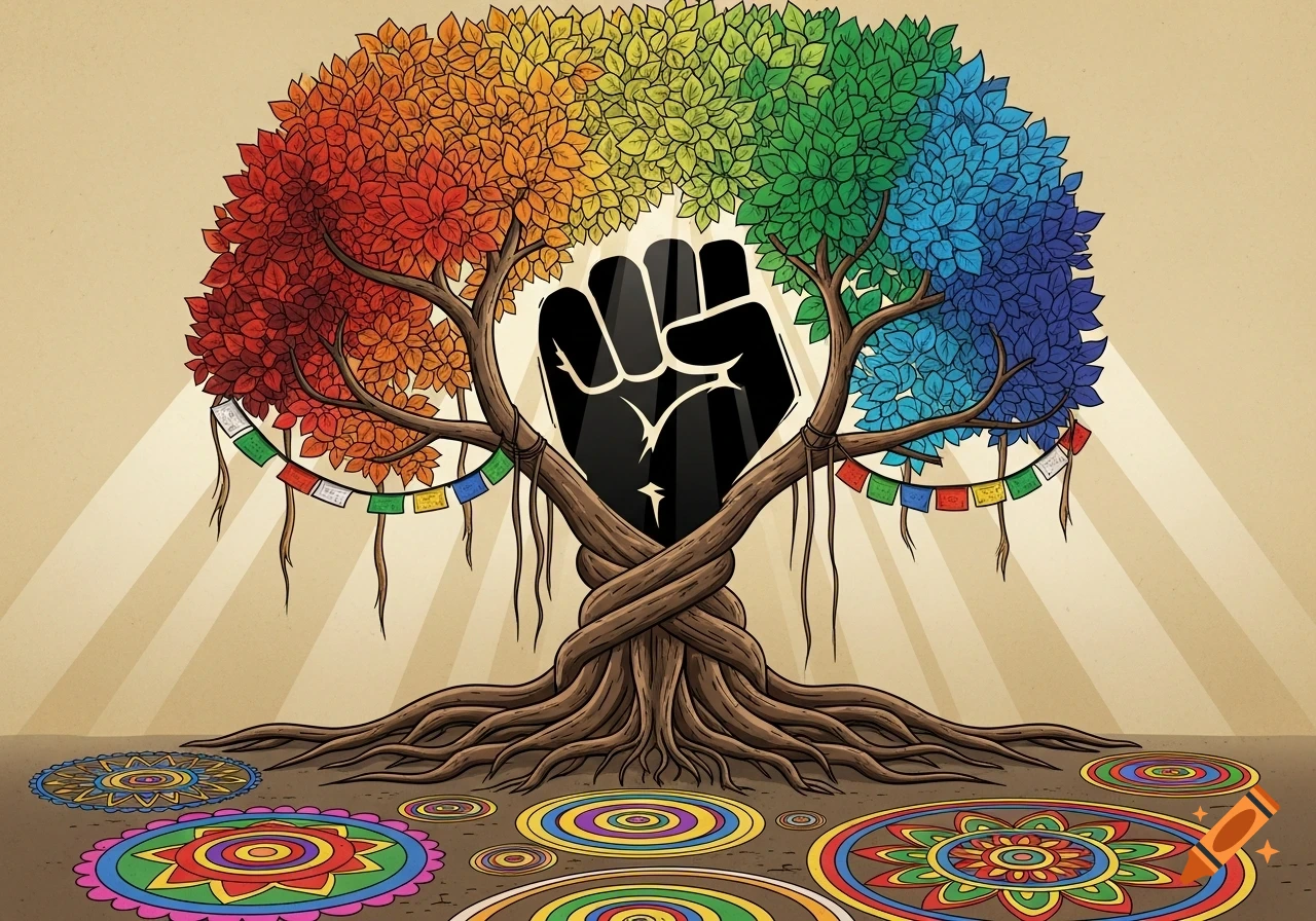 Colorful tree with rainbow leaves, intertwining roots, and a black raised fist at its core, surrounded by decorative mandalas and prayer flags on the ground, in a graphic art style.