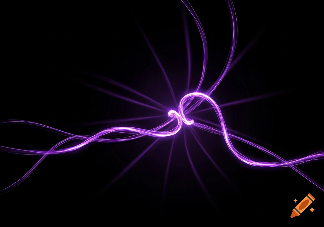 Glowing purple abstract lines on a black background, with a central bright light source.