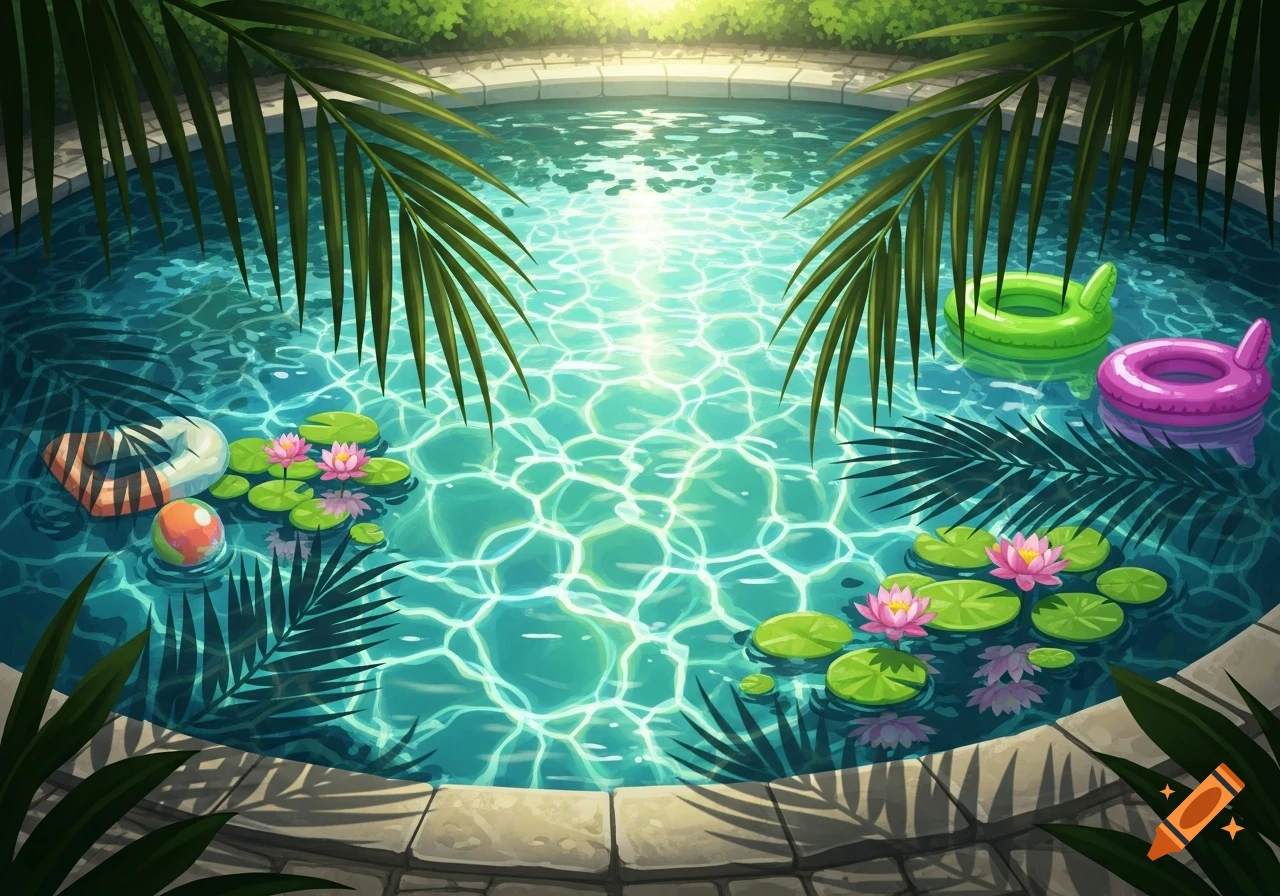 Stylized illustration of a sunlit blue swimming pool with lily pads, pink lotus flowers, and colorful inflatable rings, viewed from above through palm fronds.