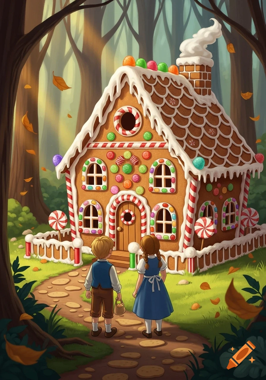 Two children look at a colorful gingerbread house in an enchanted autumn forest, depicted in a storybook illustration style.
