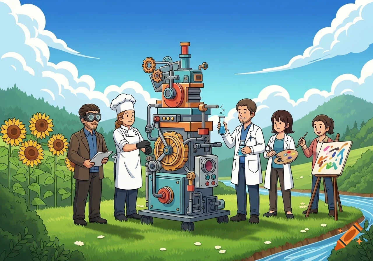 Cartoon illustration of a diverse group of professionals, including a chef, engineer, scientists, and an artist, collaborating around an intricate machine in a vibrant natural landscape.