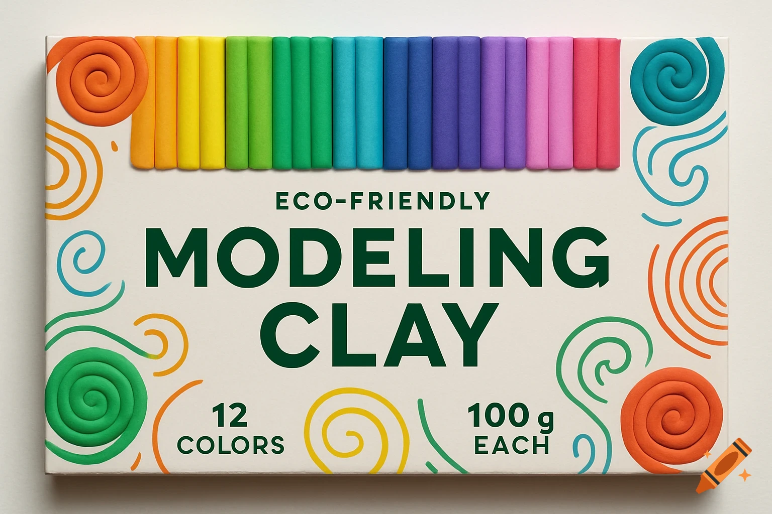 A colorful box of eco-friendly modeling clay with 12 pieces, 100g each, showing a rainbow of clay sticks and swirl designs.