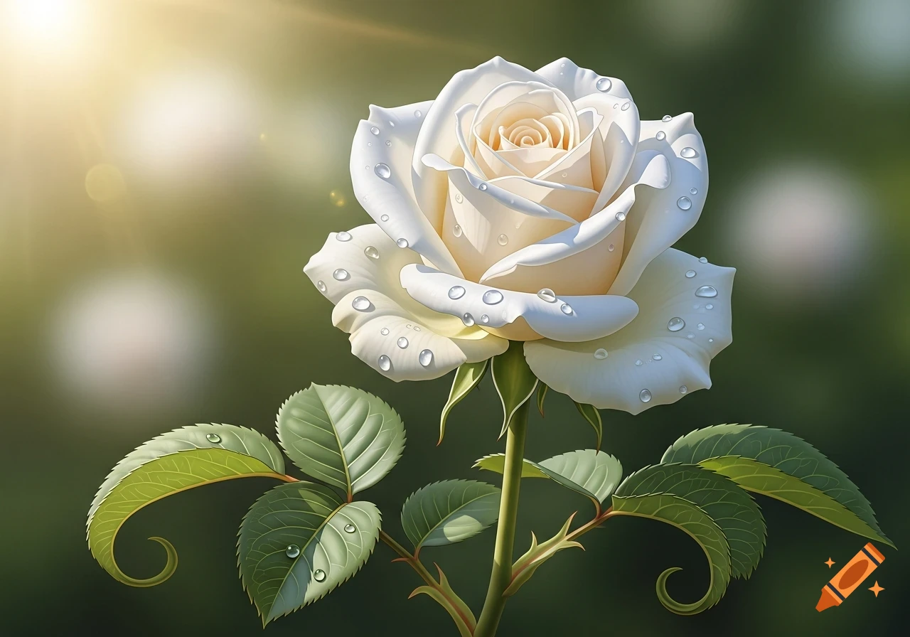 Photorealistic white rose with glistening water droplets on its petals and green leaves, bathed in soft sunlight.
