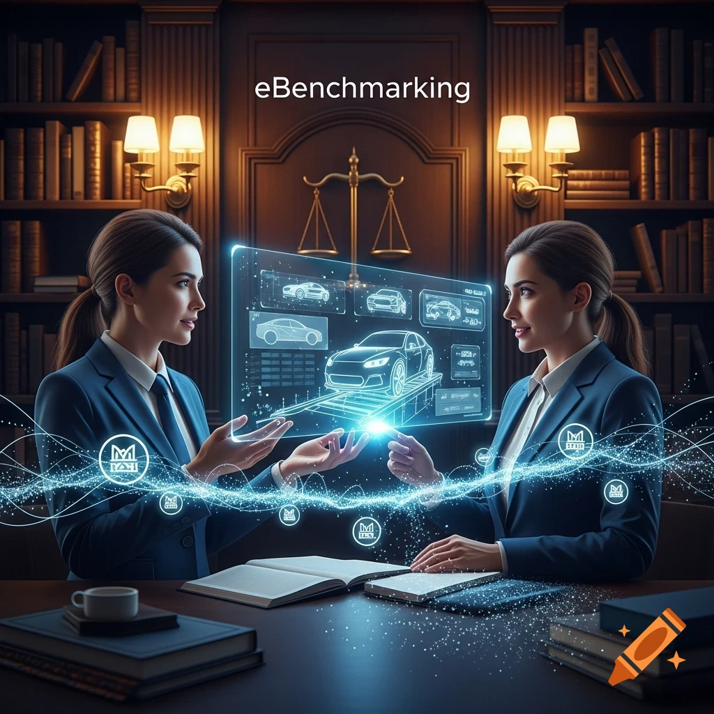 Two businesswomen in a wood-paneled office with bookshelves discuss holographic projections of car designs and data, with a scale of justice in the background, in a photorealistic style.