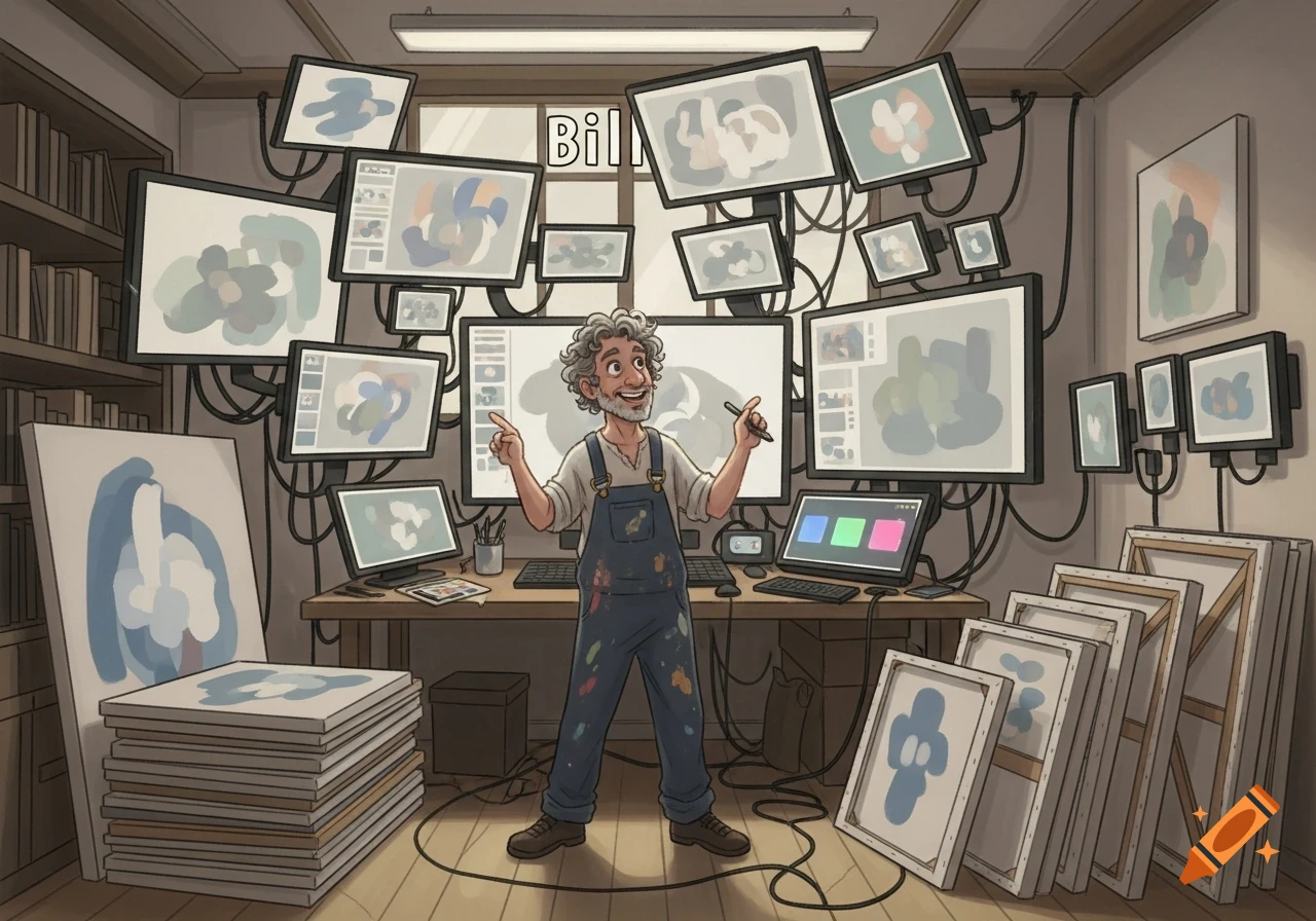 An illustrated man named Bill with curly gray hair, wearing paint-splattered overalls, stands in a creative workspace filled with multiple monitors displaying abstract art and stacks of canvases.