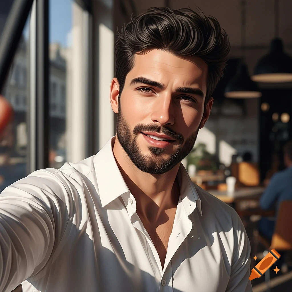 A smiling man with dark hair and a beard in a white shirt takes a selfie in a brightly lit indoor setting.