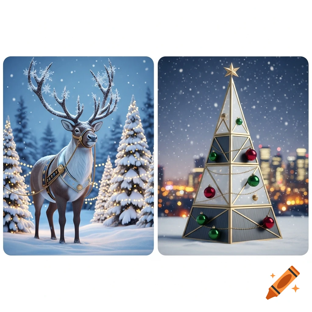 Two Christmas scenes: a reindeer in a snowy forest with lit trees, and a geometric Christmas tree in a snowy city.