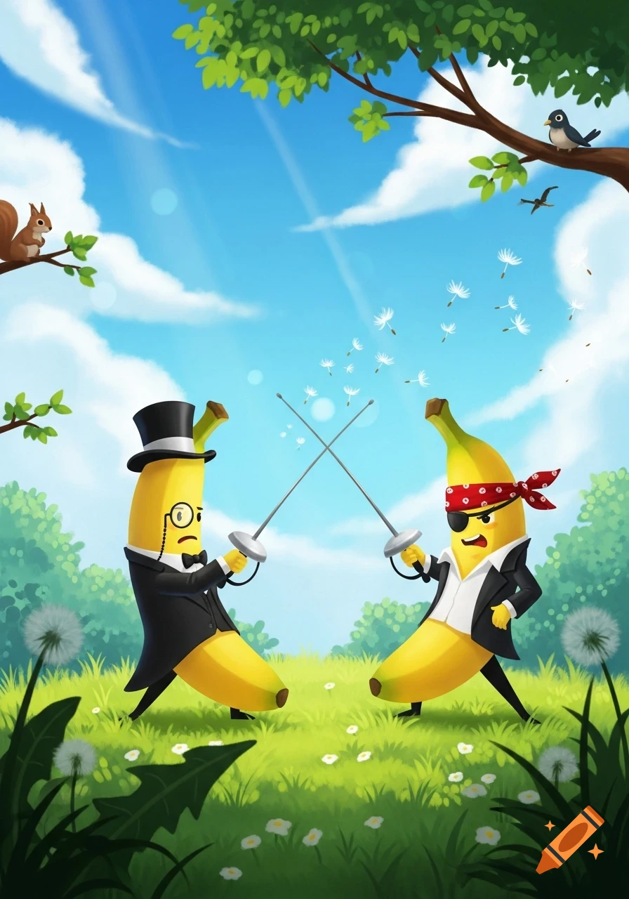 A cartoon illustration of two anthropomorphic bananas, one a gentleman and one a pirate, dueling with swords in a sunny park.