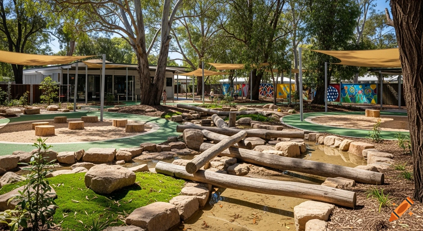 A sunny, natural outdoor playspace with sand, rocks, logs, green moss, and shade sails, surrounded by trees and a building.
