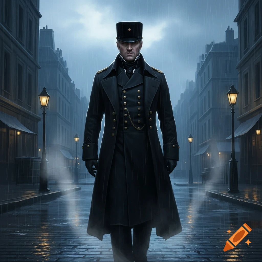 A man in a dark military uniform and bicorne hat stands on a rainy, cobblestone street at night, illuminated by gas lamps. Photorealistic, moody.