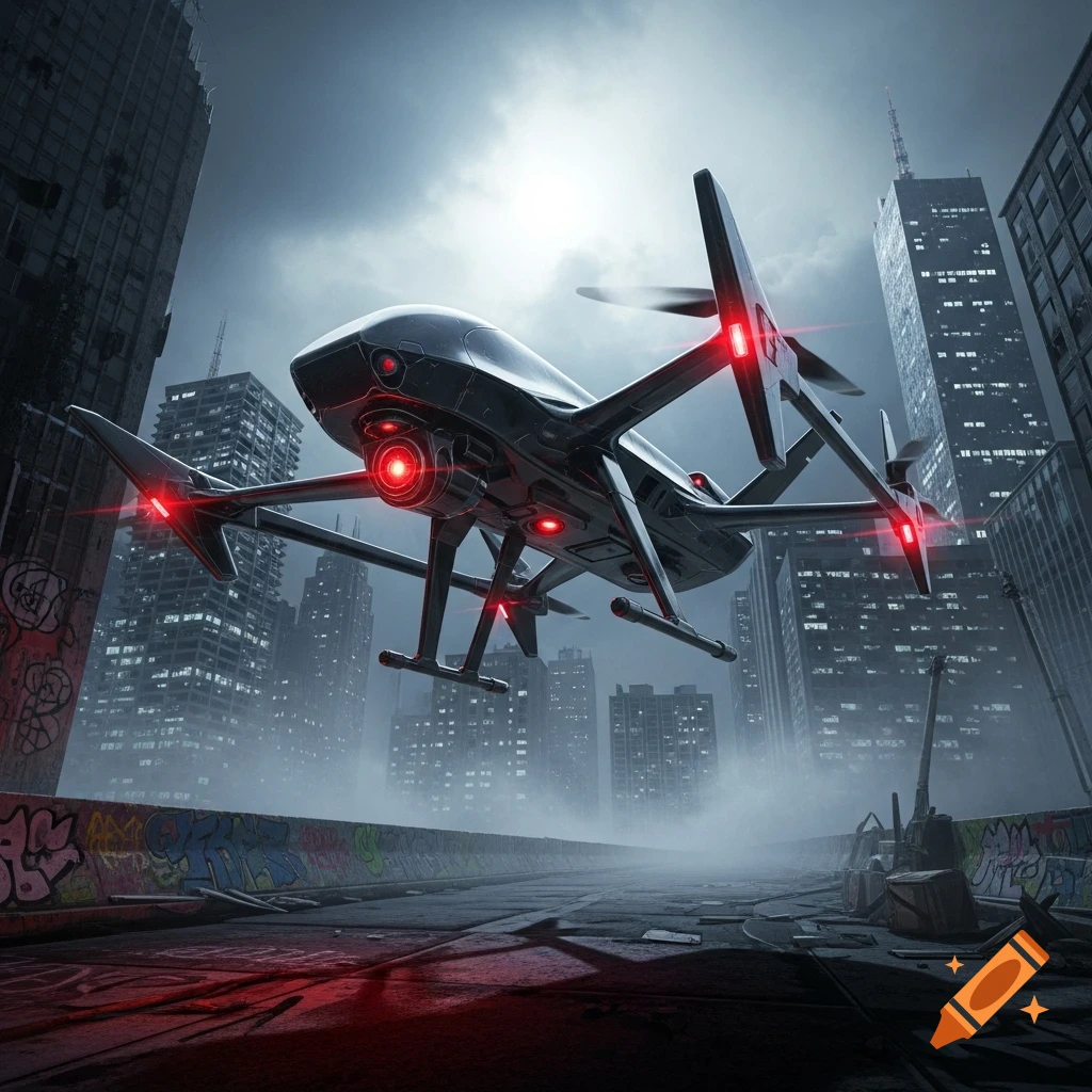 A sleek black futuristic drone with glowing red lights hovers over a graffiti-covered, fog-shrouded city street with tall dark buildings under a cloudy sky.