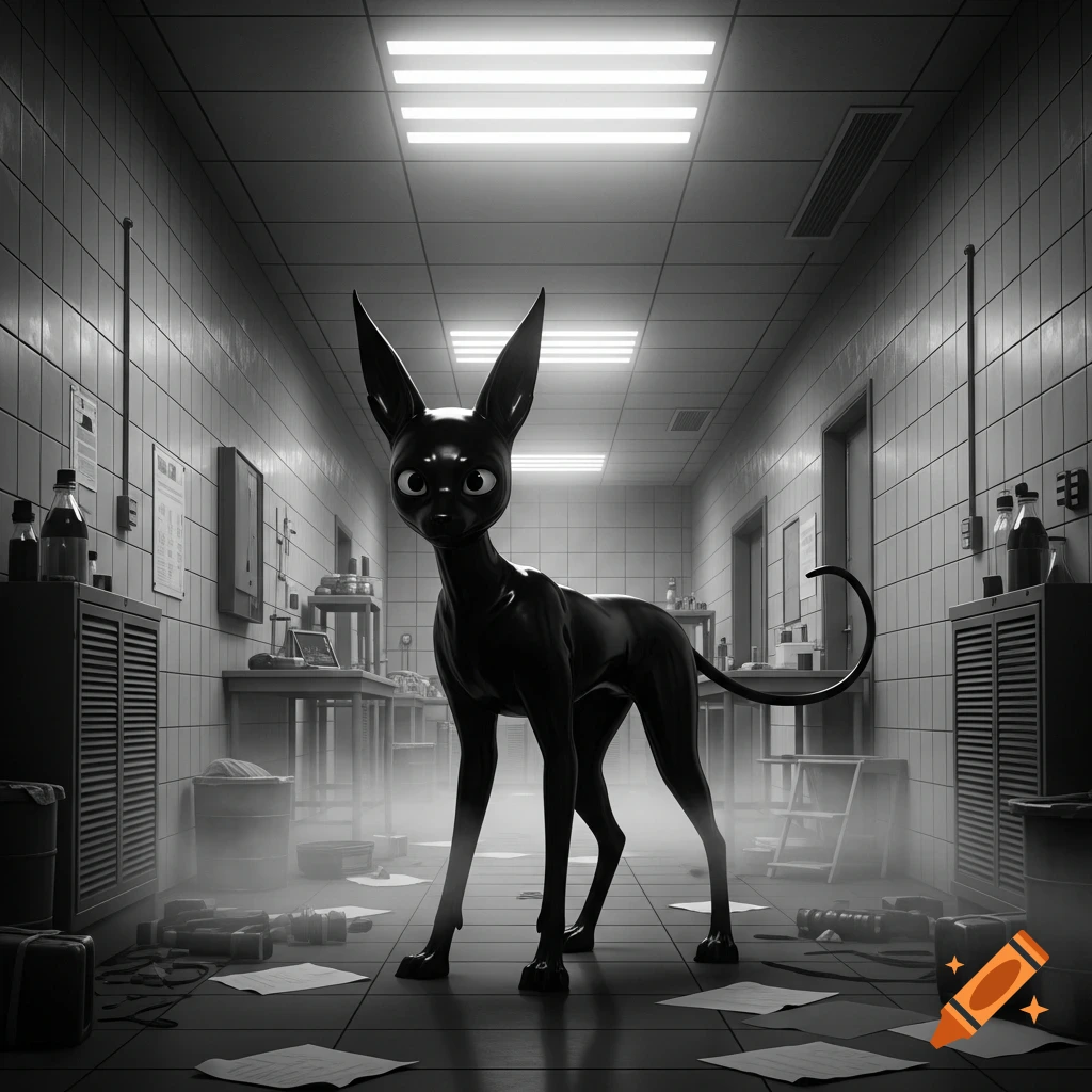 A stylized black cat-like creature with large ears and round eyes stands in a messy, tiled laboratory hallway in monochromatic tones.