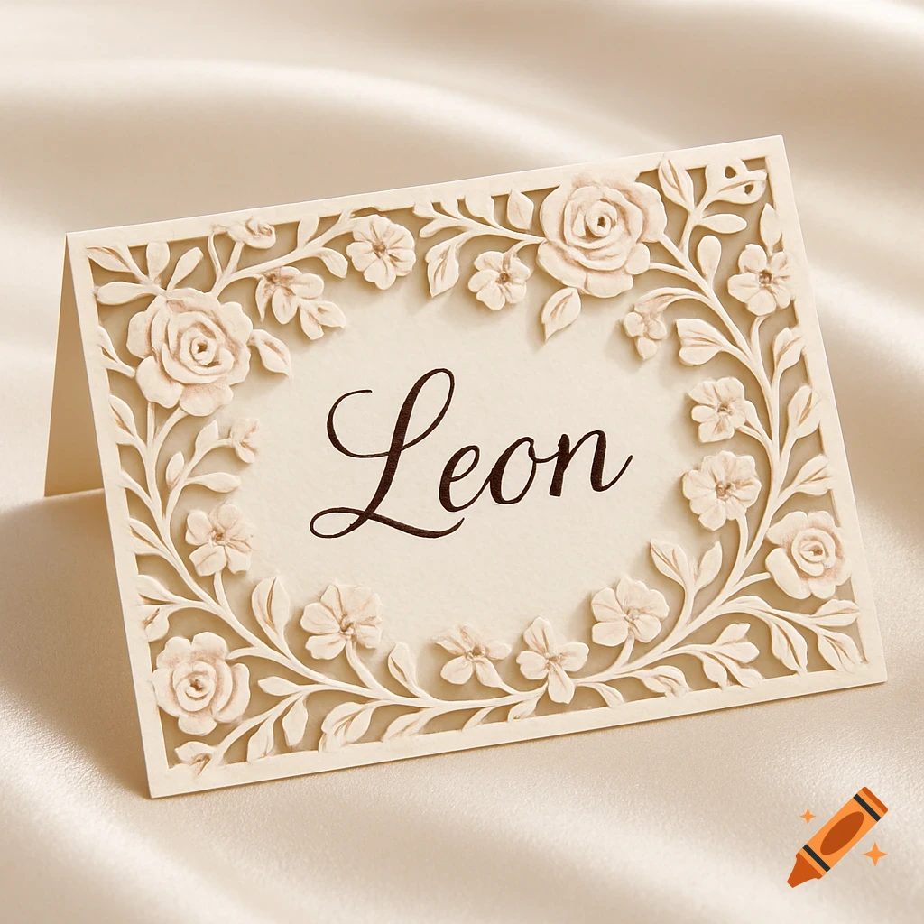 A cream-colored wedding place card with intricate laser-cut floral borders and the name 'Leon' in elegant script, on a satin surface.