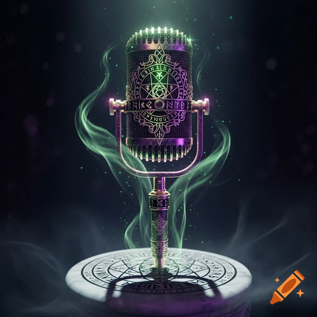 An ornate, glowing purple and green occult-themed microphone stands on a circular base with symbols, surrounded by green mystical smoke in a dark background.